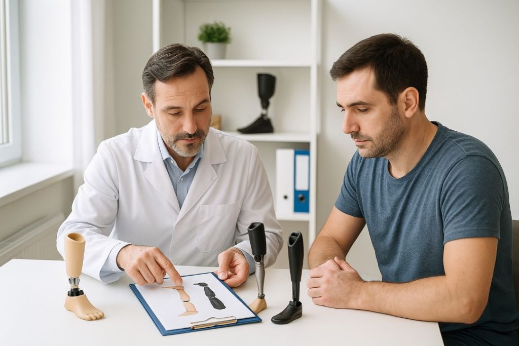 Ortopedista muestra opciones de prótesis al paciente