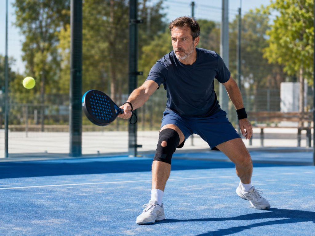 Hombre jugando al pádel con rodillera deportiva, ejemplo de vuelta segura al deporte con soporte de rodilla.
