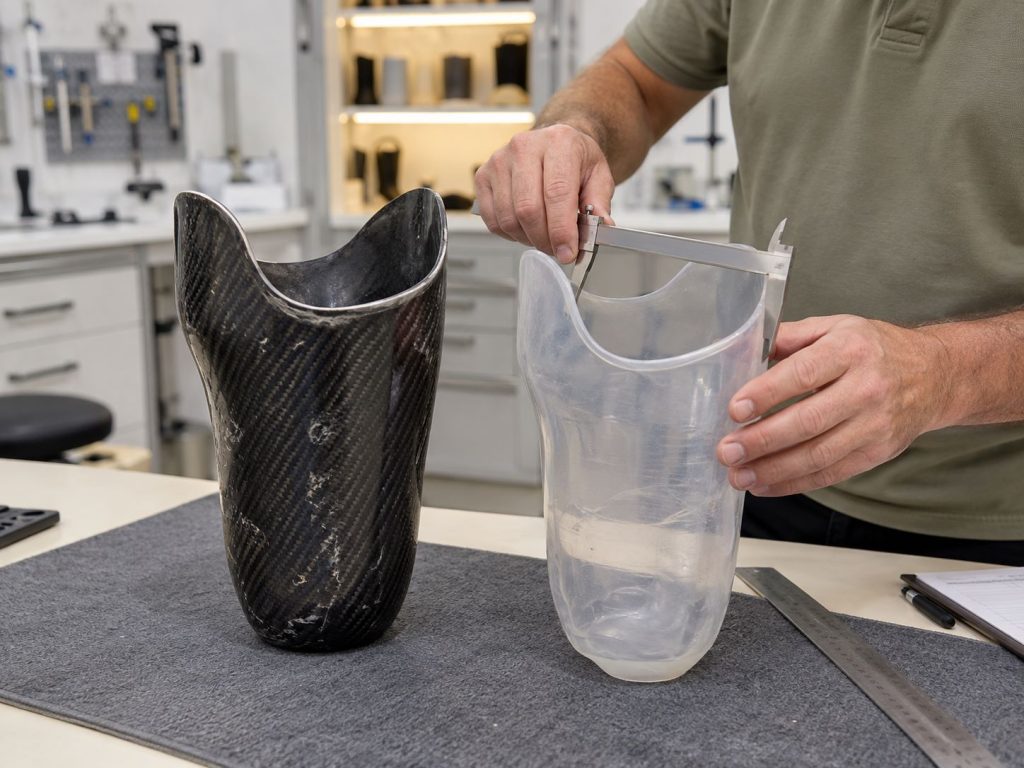 Profesional comparando un encaje transtibial de fibra de carbono con un nuevo encaje transparente de prueba.