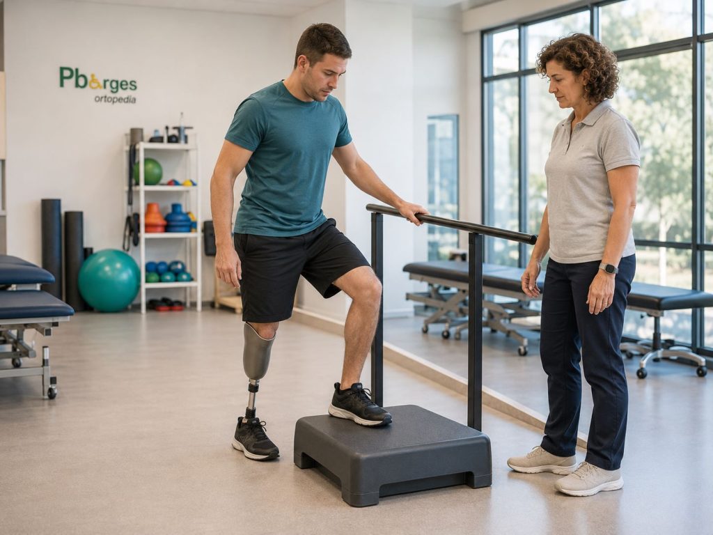 Hombre joven practicando un ejercicio con escalón y prótesis transtibial durante una sesión de rehabilitación supervisada.